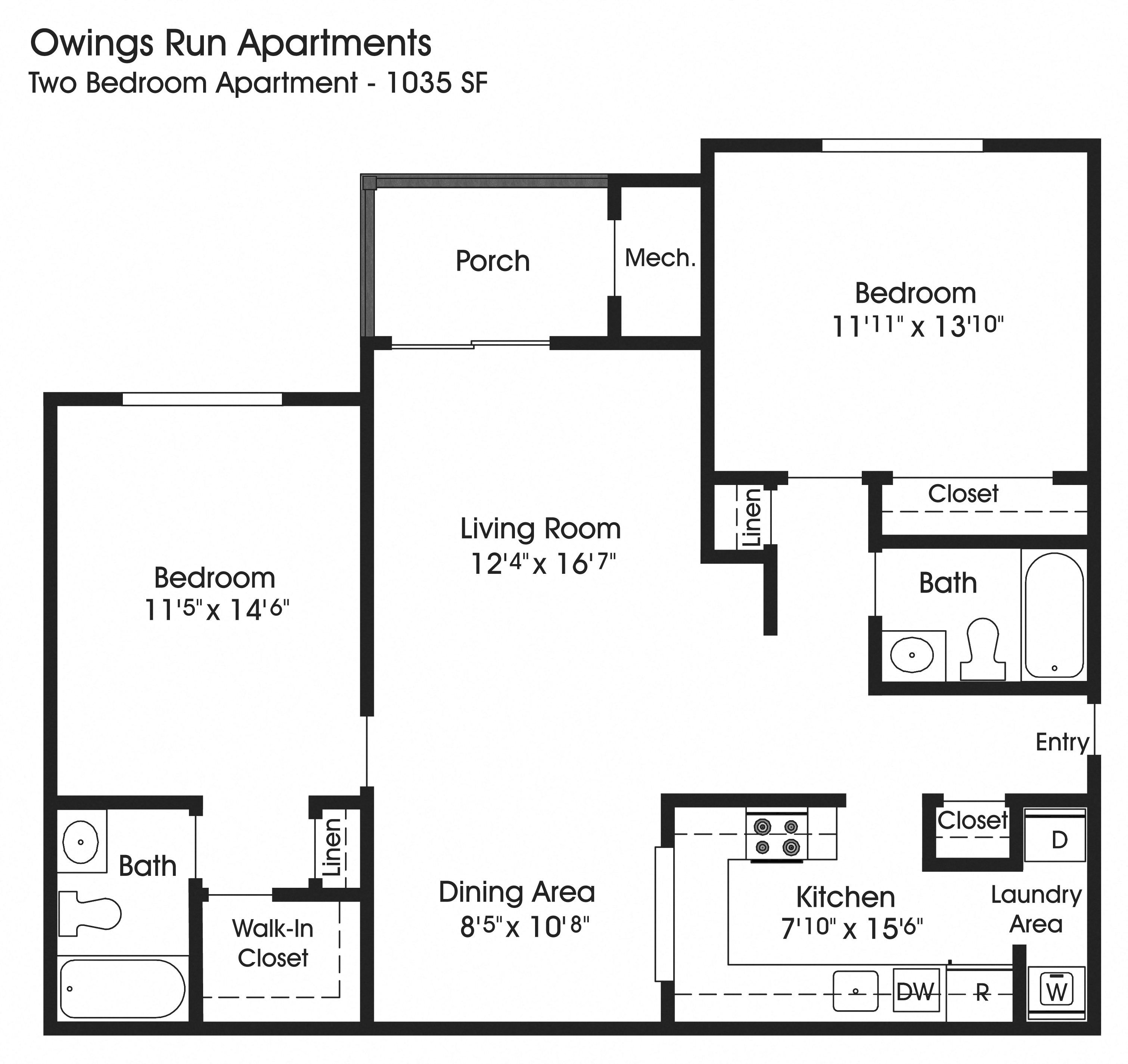 Floor plan for 2 beds, 2 baths, 1035 sqft